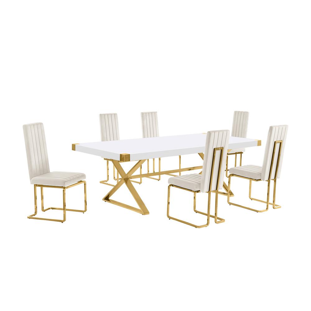 7pc Large(94″) white wood top dining set with gold base and 6 Cream side chairs