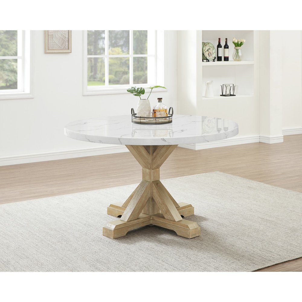 5Pc Faux Marble Table With 4 Rustic Beige Fabric Side Chairs