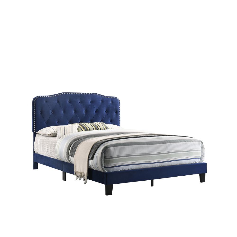 Navy Blue Velvet Uph. Panel Bed with Silver Nailhead – Queen