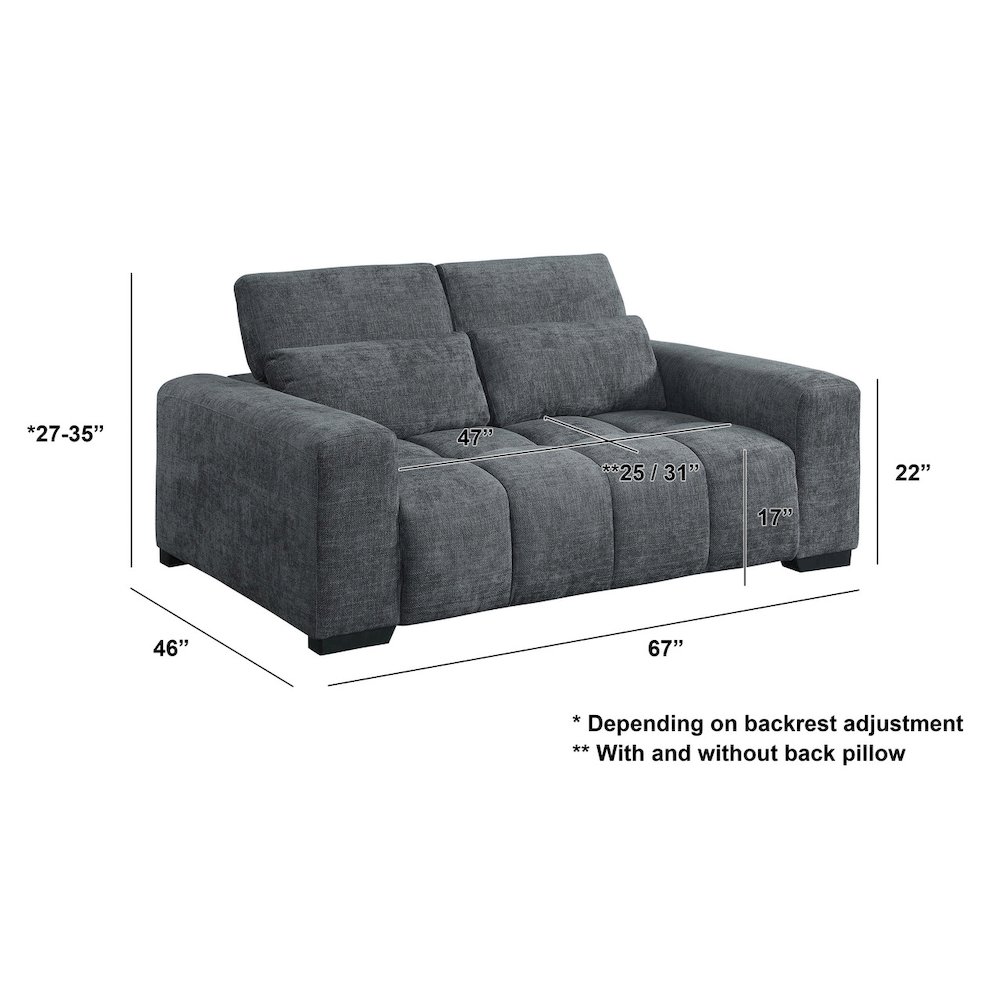 2Pc Sofa & Loveseat Set In Dark Gray With Adjustable Backrest