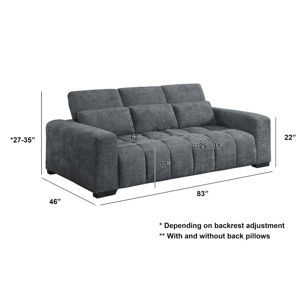 2Pc Sofa & Loveseat Set In Dark Gray With Adjustable Backrest