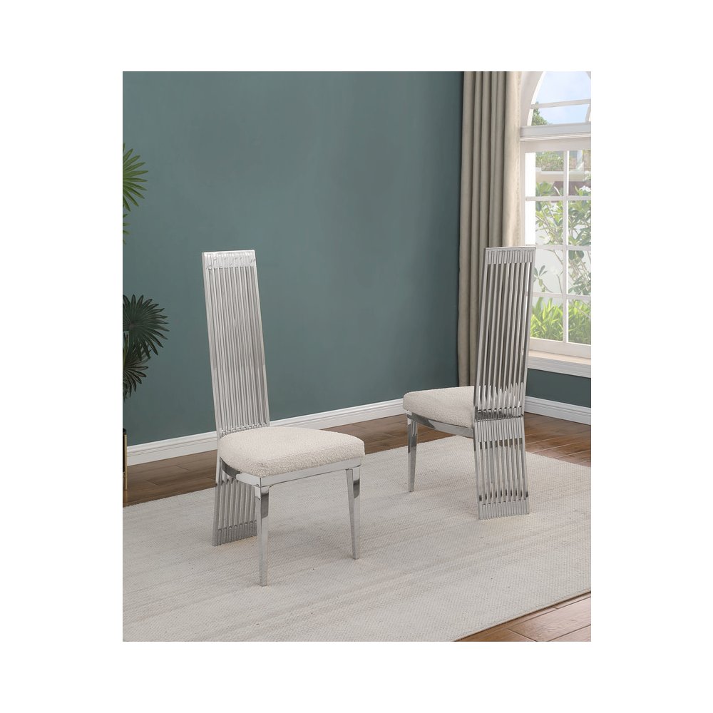 7Pc Tempered Glass Dining Set With 6 Cream Boucle Fabric Side Chairs