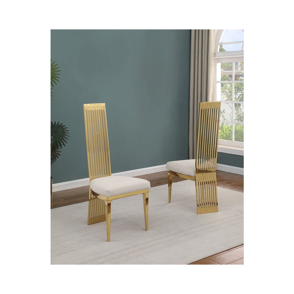 7Pc Tempered Glass Dining Set With 6 Cream Boucle Fabric Side Chairs