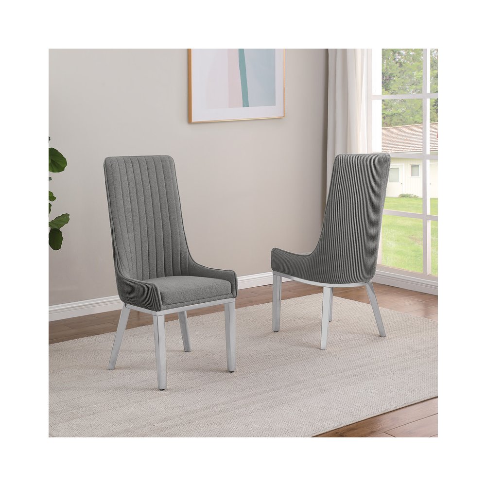 7Pc Tempered Glass Dining Set 6 Rich Gray Boucle Side Chairs And A Silver Base