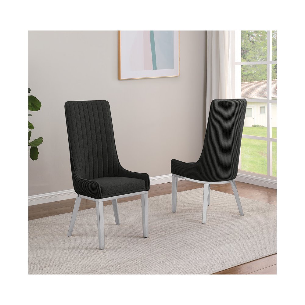 7Pc Tempered Glass Dining Set With 6 Black Boucle Side Chairs And A Silver Base