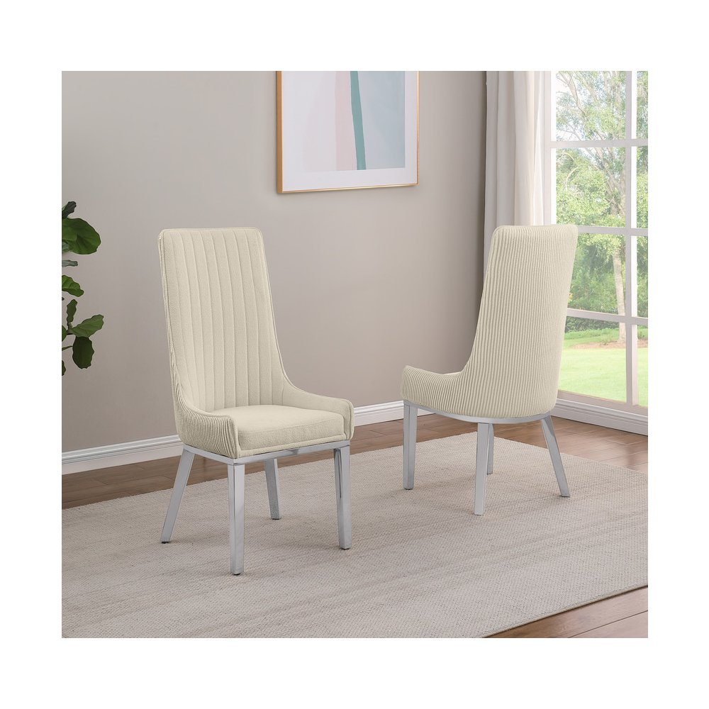 7Pc Tempered Glass Dining Set With 6 Cream Boucle Side Chairs And A Silver Base