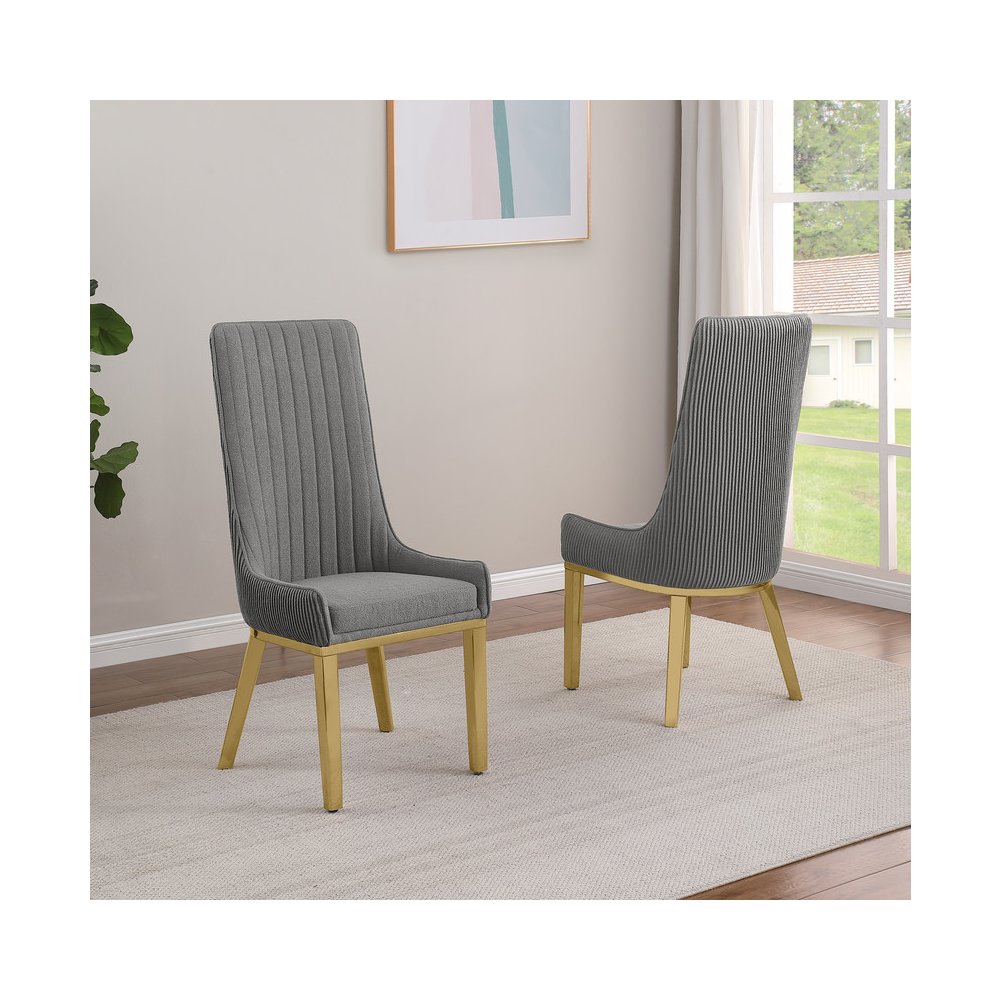 7Pc Tempered Glass Dining Set 6 Rich Gray Boucle Side Chairs And A Gold Base