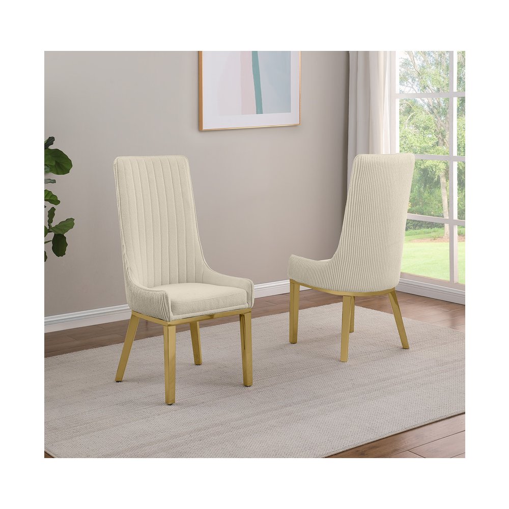 7Pc Tempered Glass Dining Set With 6 Cream Boucle Side Chairs And A Gold Base