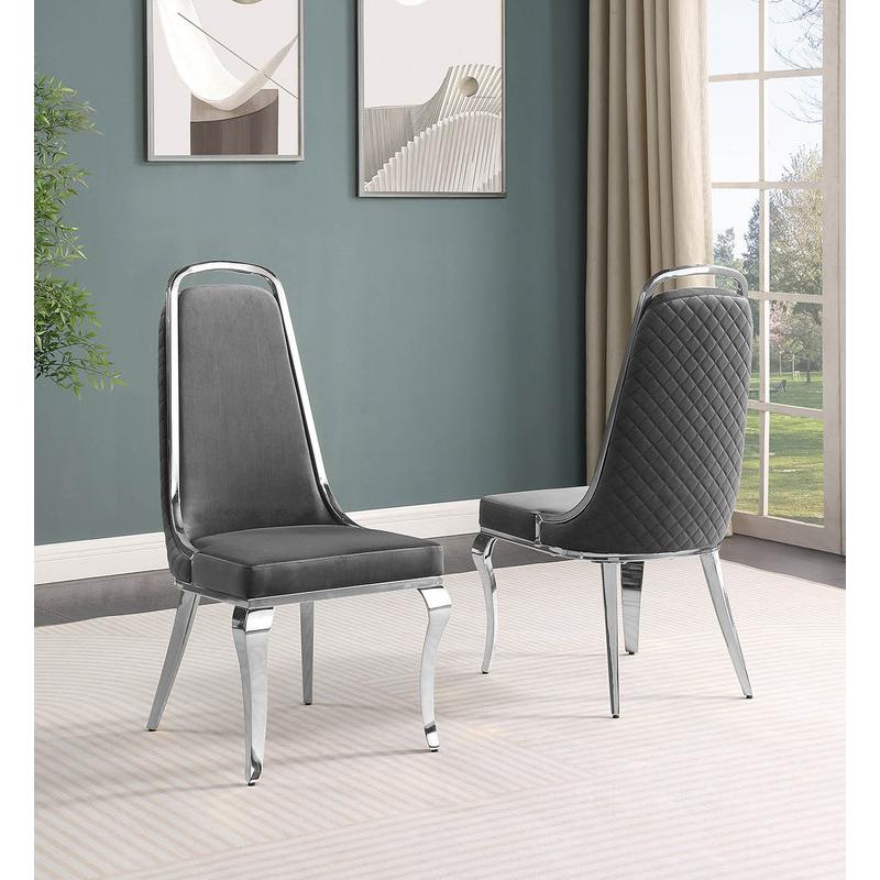 9-piece glam dining set with 8 Dark grey chairs and one 95″ glass dining table