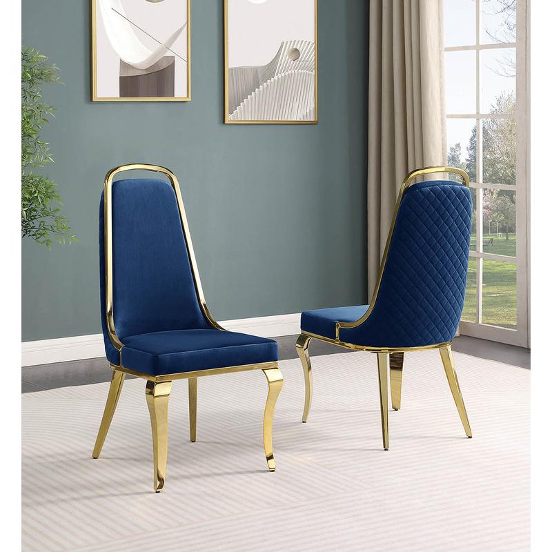 9-piece glam dining set with 8 Navy blue chairs and one 95″  glass dining table
