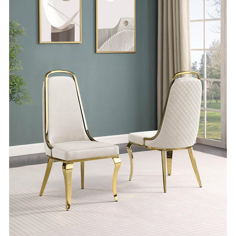 9-piece glam dining set with 8 Cream side chairs and one 95″ glass dining table