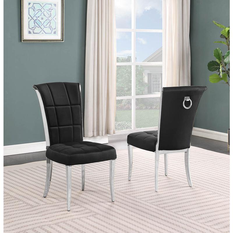 9-piece glam dining set with 8 black chairs and l 95″ long glass  table