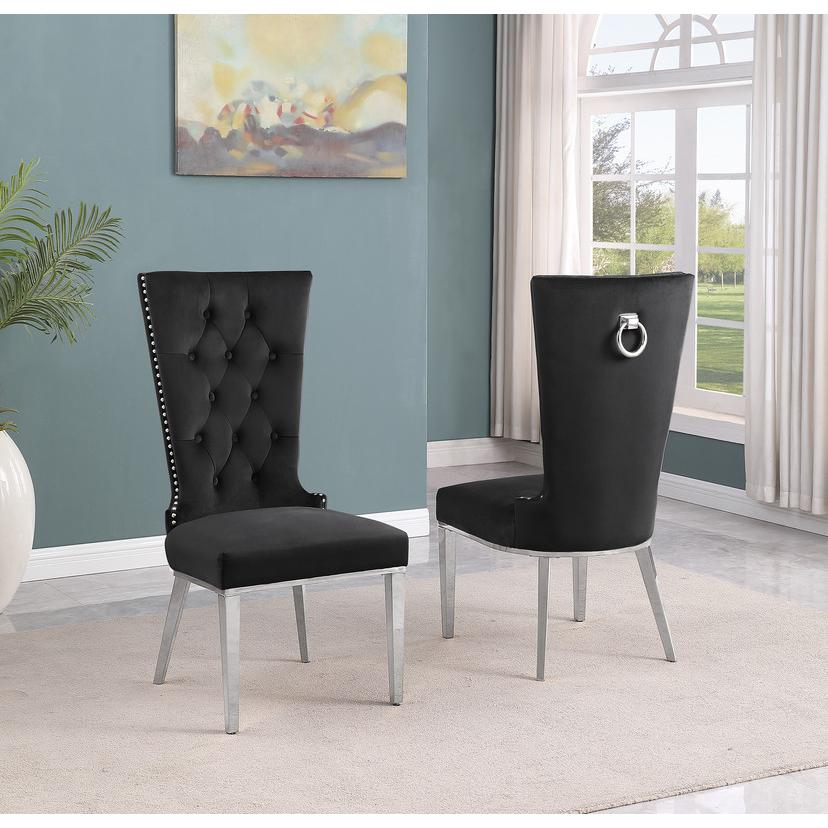 9-piece glam dining set with 8 black chairs and a 95″ long glass  table