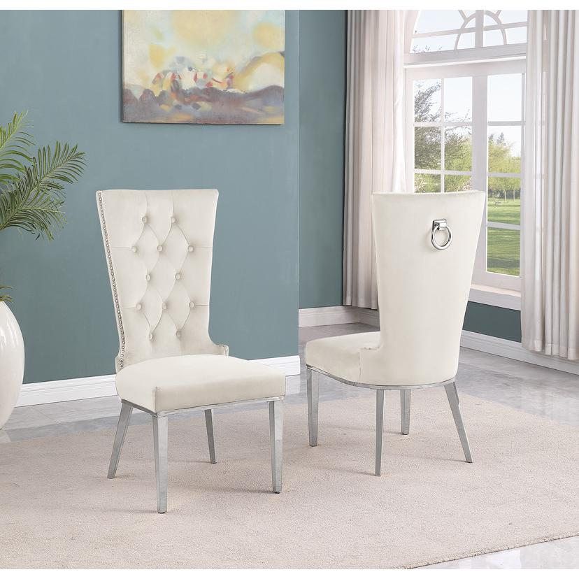 9-piece glam dining set with 8 cream chairs and a 95″ long glass  table