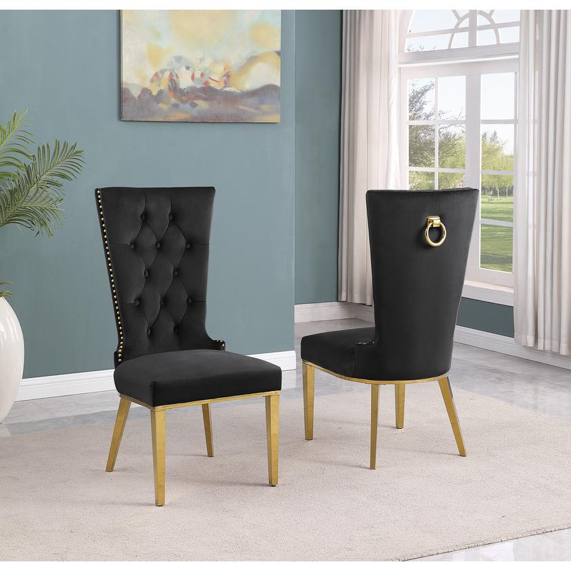 9-piece glam dining set with 8 black chairs and a 95″ long glass  table