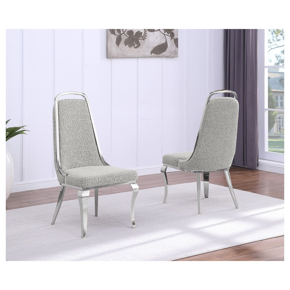 7Pc Tempered Glass Dining Set 6 Rich Gray Boucle Side Chairs And A Silver Base