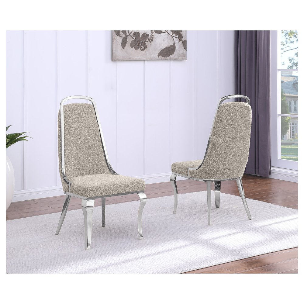 7Pc Tempered Glass Dining Set With 6 Gray Boucle Side Chairs And A Silver Base