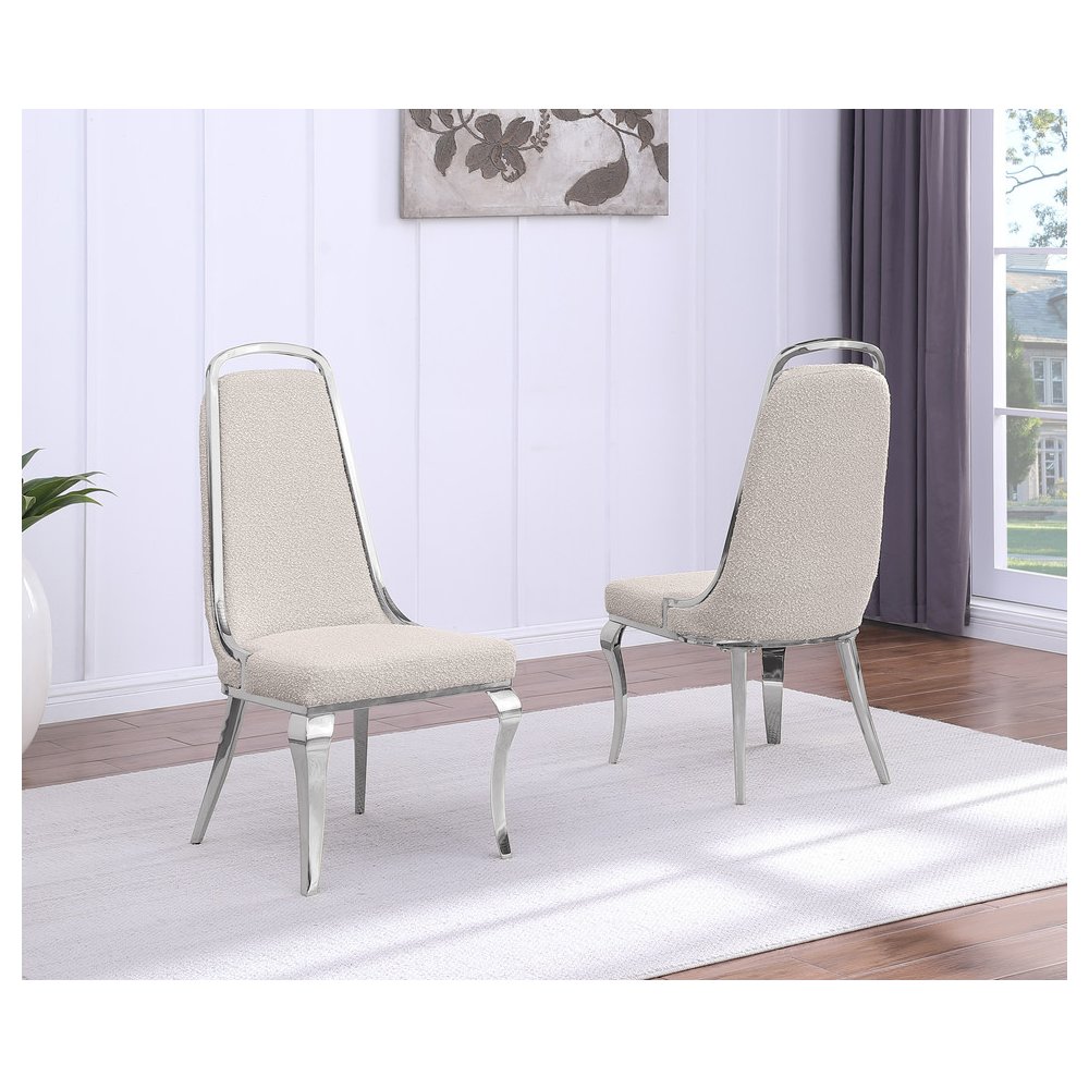7Pc Tempered Glass Dining Set With 6 Cream Boucle Side Chairs And A Silver Base