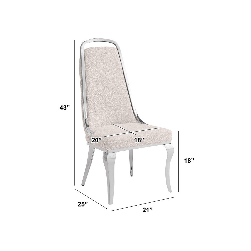 7Pc Tempered Glass Dining Set With 6 Cream Boucle Side Chairs And A Silver Base