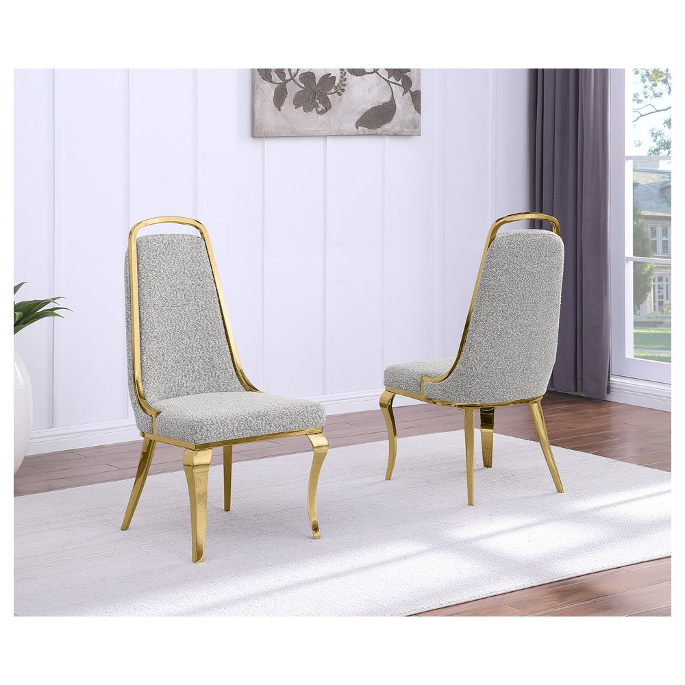 7Pc Tempered Glass Dining Set 6 Rich Gray Boucle Side Chairs And A Gold Base