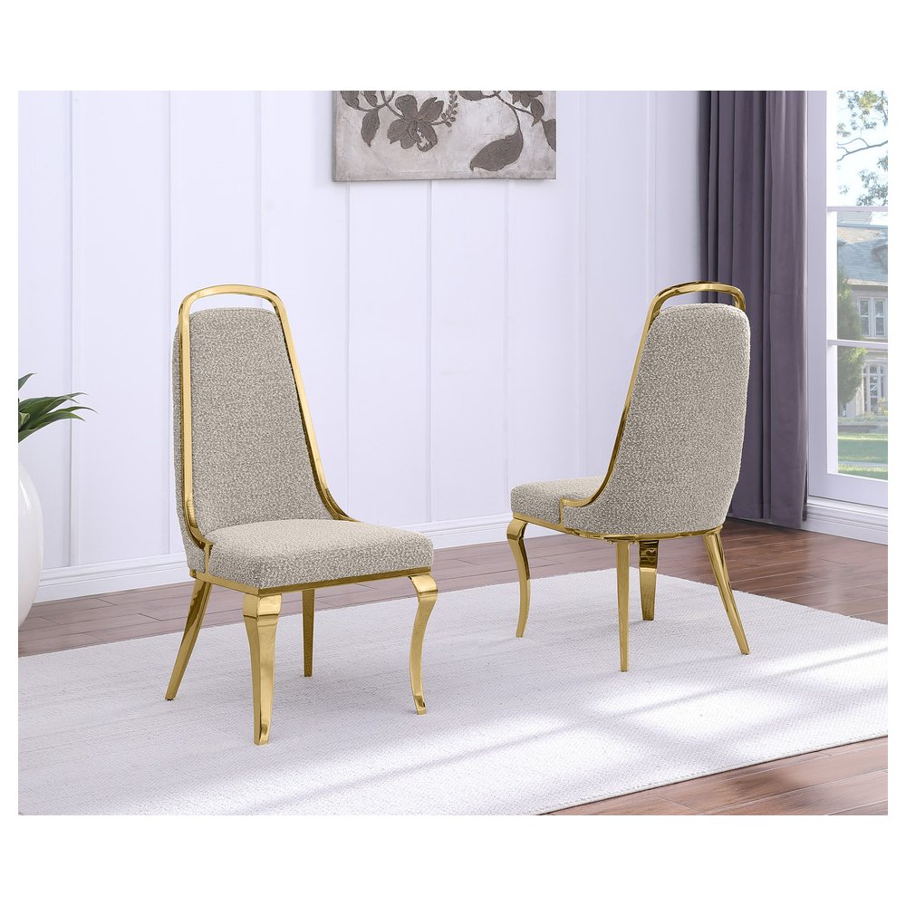 7Pc Tempered Glass Dining Set With 6 Gray Boucle Side Chairs And A Gold Base
