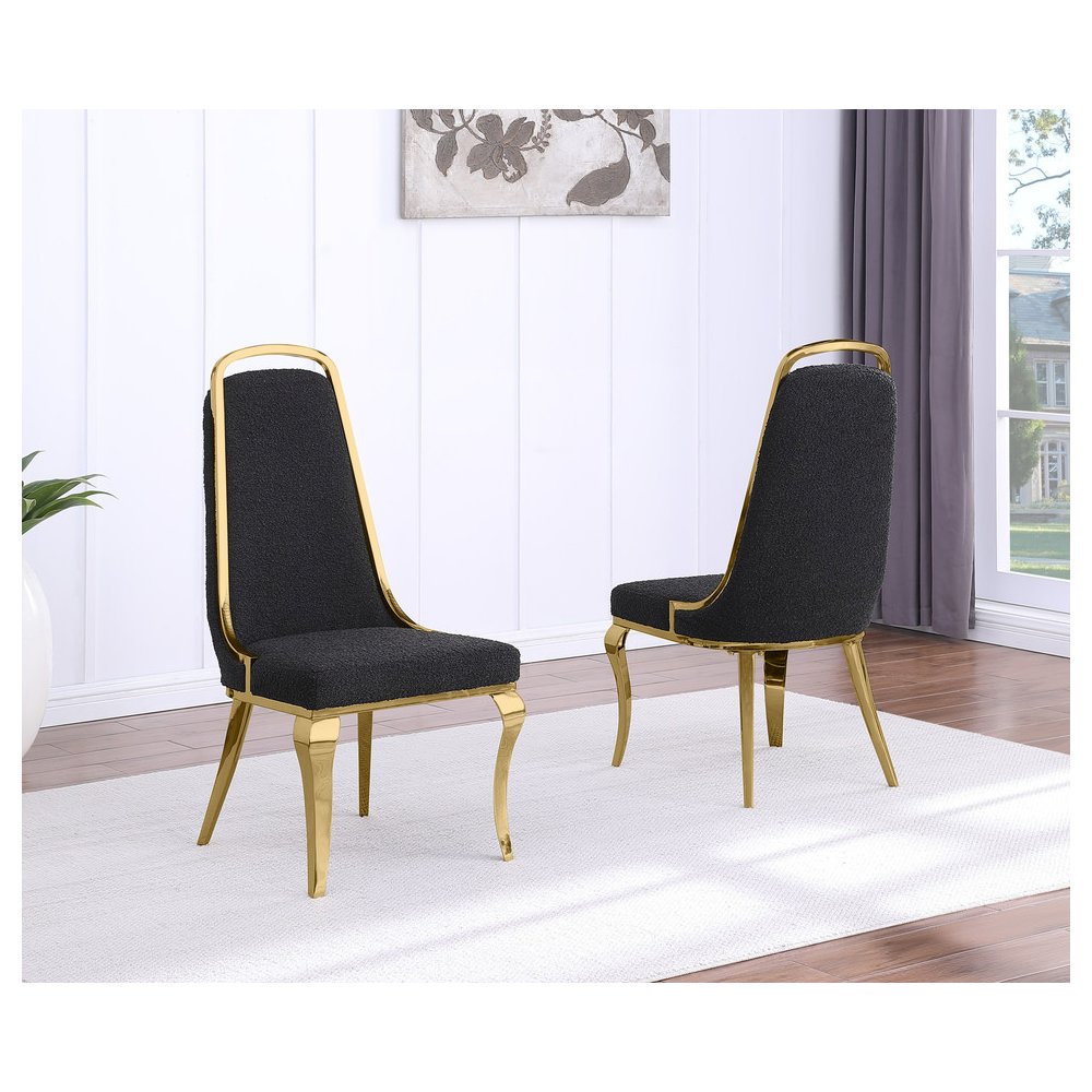 7Pc Tempered Glass Dining Set With 6 Black Boucle Side Chairs And A Gold Base
