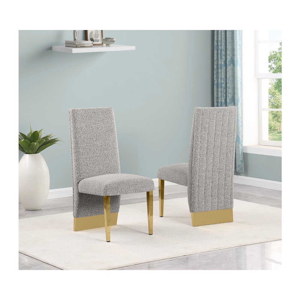 7Pc Tempered Glass Dining Set 6 Rich Gray Boucle Side Chairs And A Gold Base