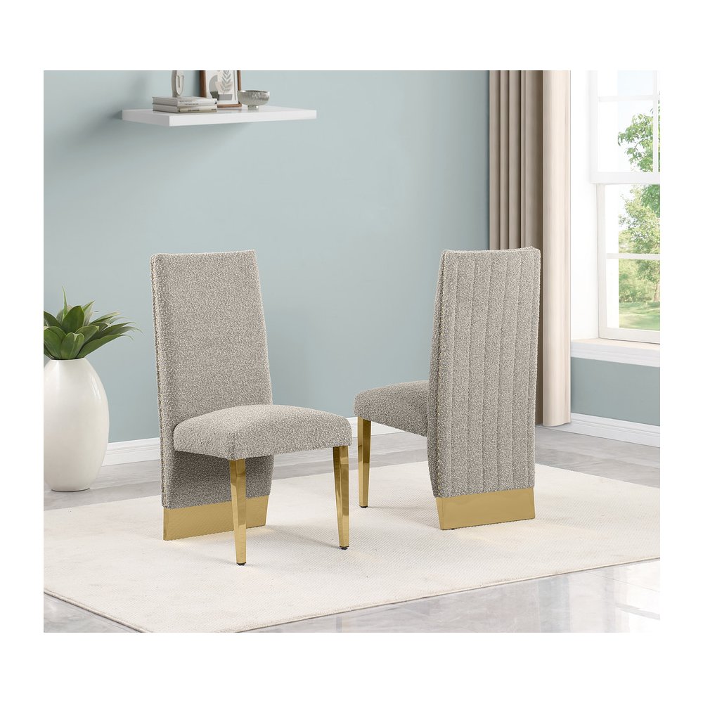 7Pc Tempered Glass Dining Set With 6 Gray Boucle Side Chairs And A Gold Base