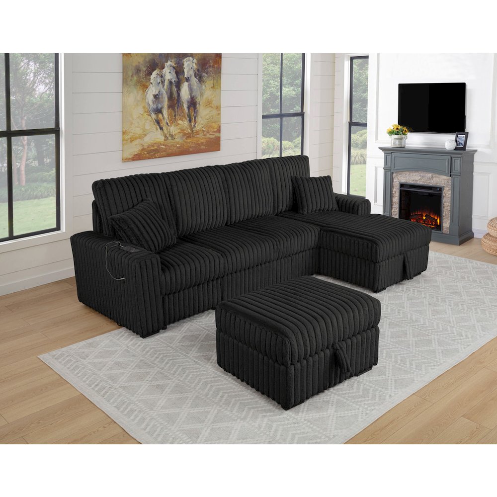 4PC Corduroy Sectional w/ Pull Out Loveseat