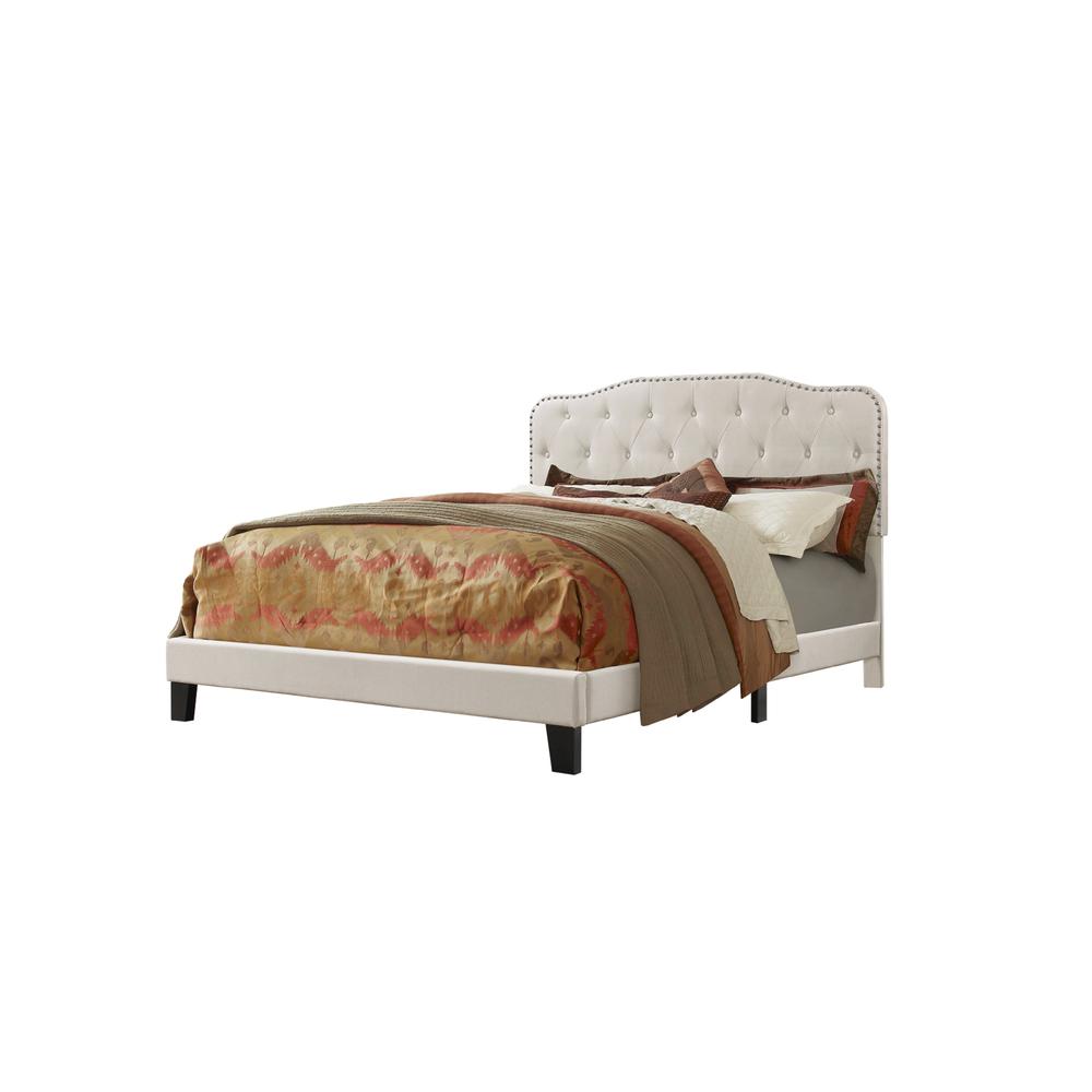 Beige Linen Uph. Panel Bed with Silver Nailhead- Full