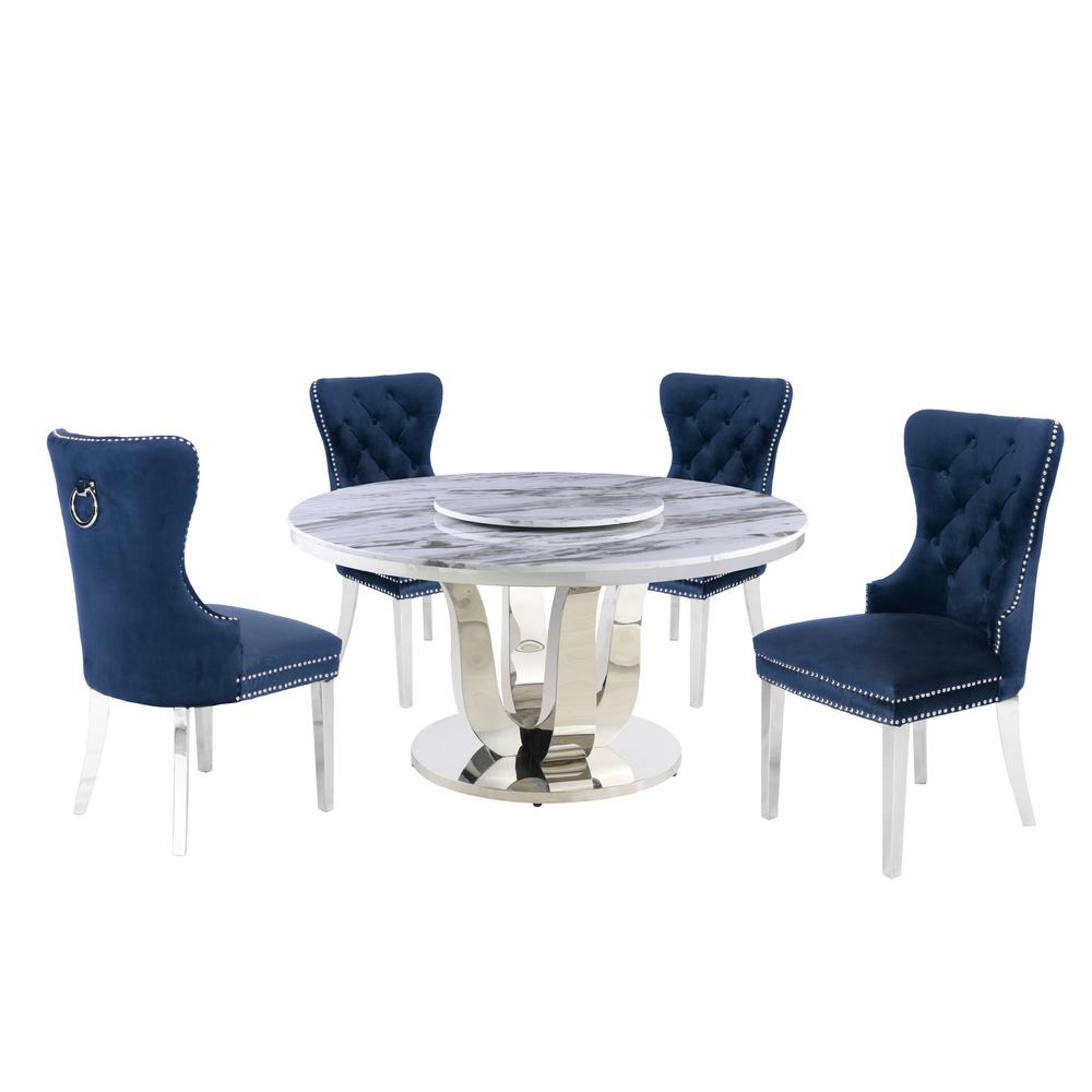 White Marble Round 5 piece Dining Set Ring Chairs in Navy Blue Velvet – Lazy Susan