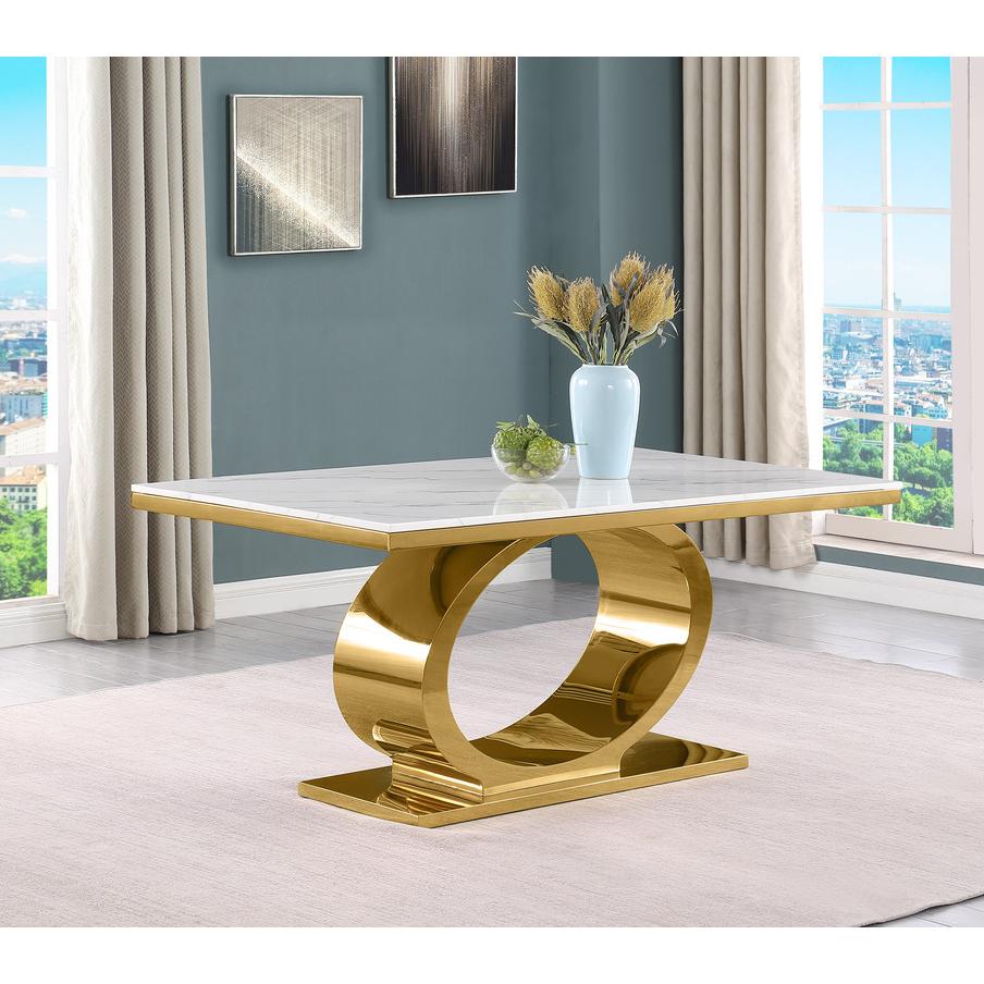 5pc Small(68″) marble top dining set with gold base and 4 Black side chairs