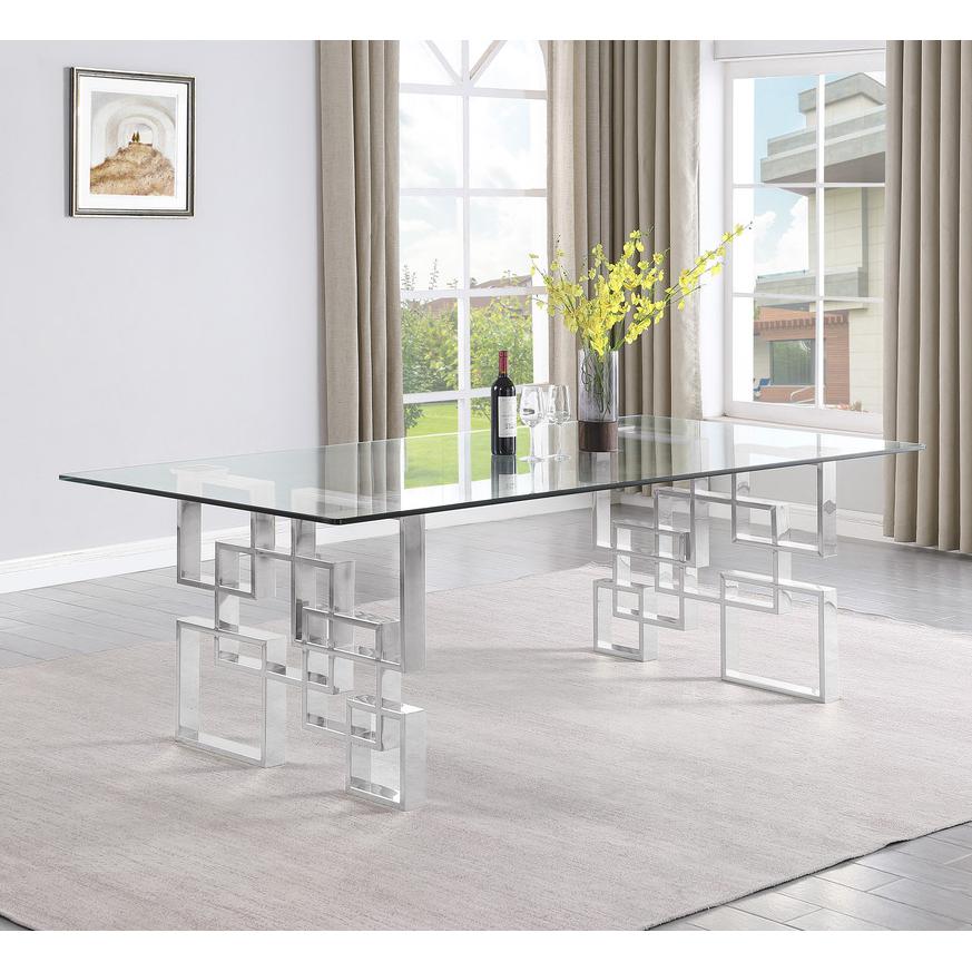 7-piece glam dining set with 6 dark grey chairs and a 95″ long glass  table