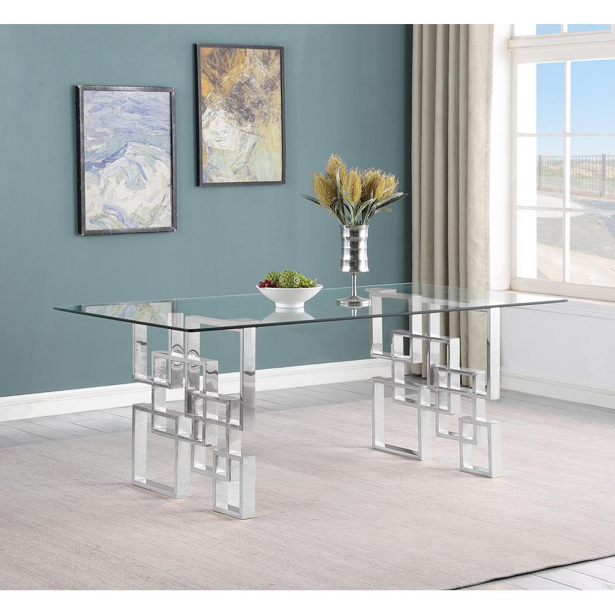 7-piece glam dining set with 6 dark grey chairs and a 79″ long glass  table