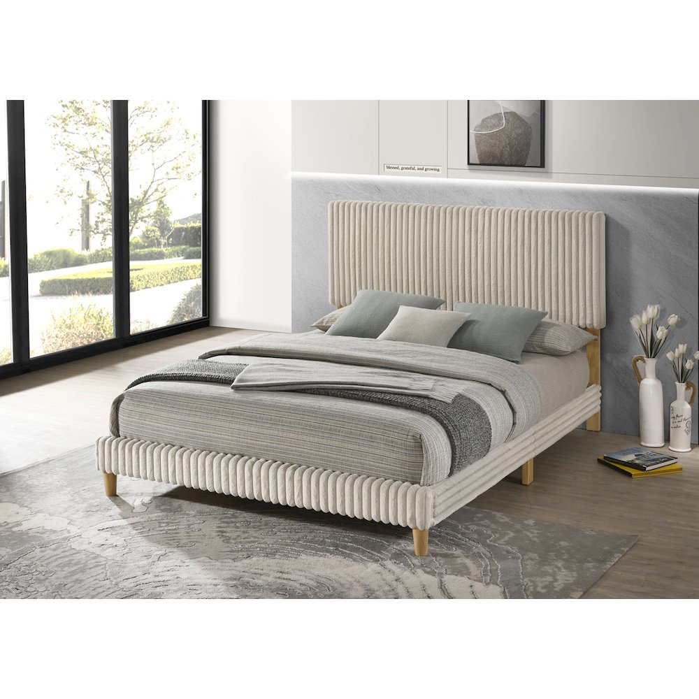 Queen size panel bed with wooden legs in Cream color