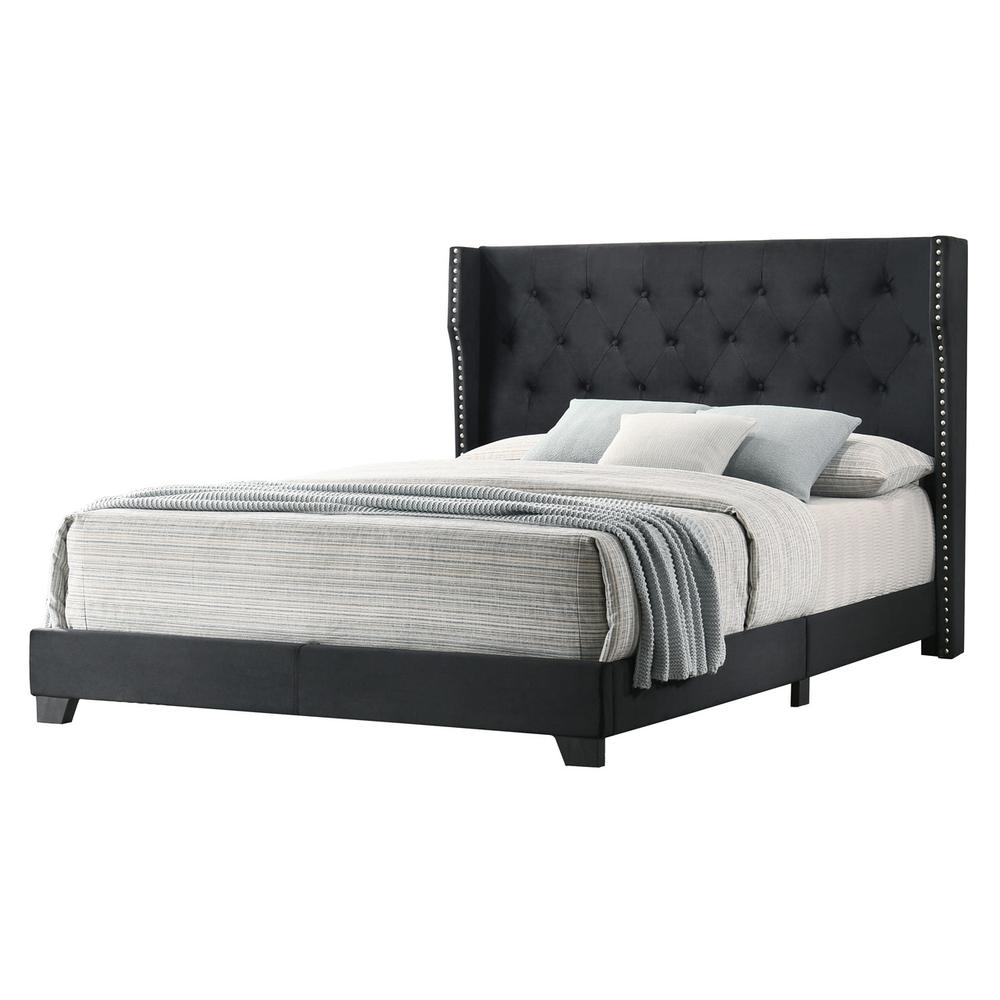 Black Velvet Uph. Panel Bed Tufted Buttons Side Studs