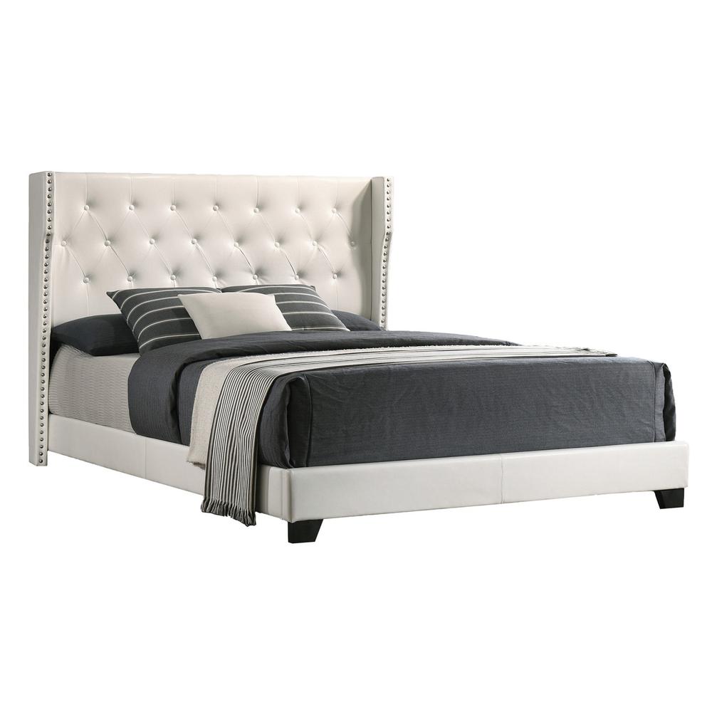 White Faux Leather Uph. Panel Bed Tufted Buttons Side Studs