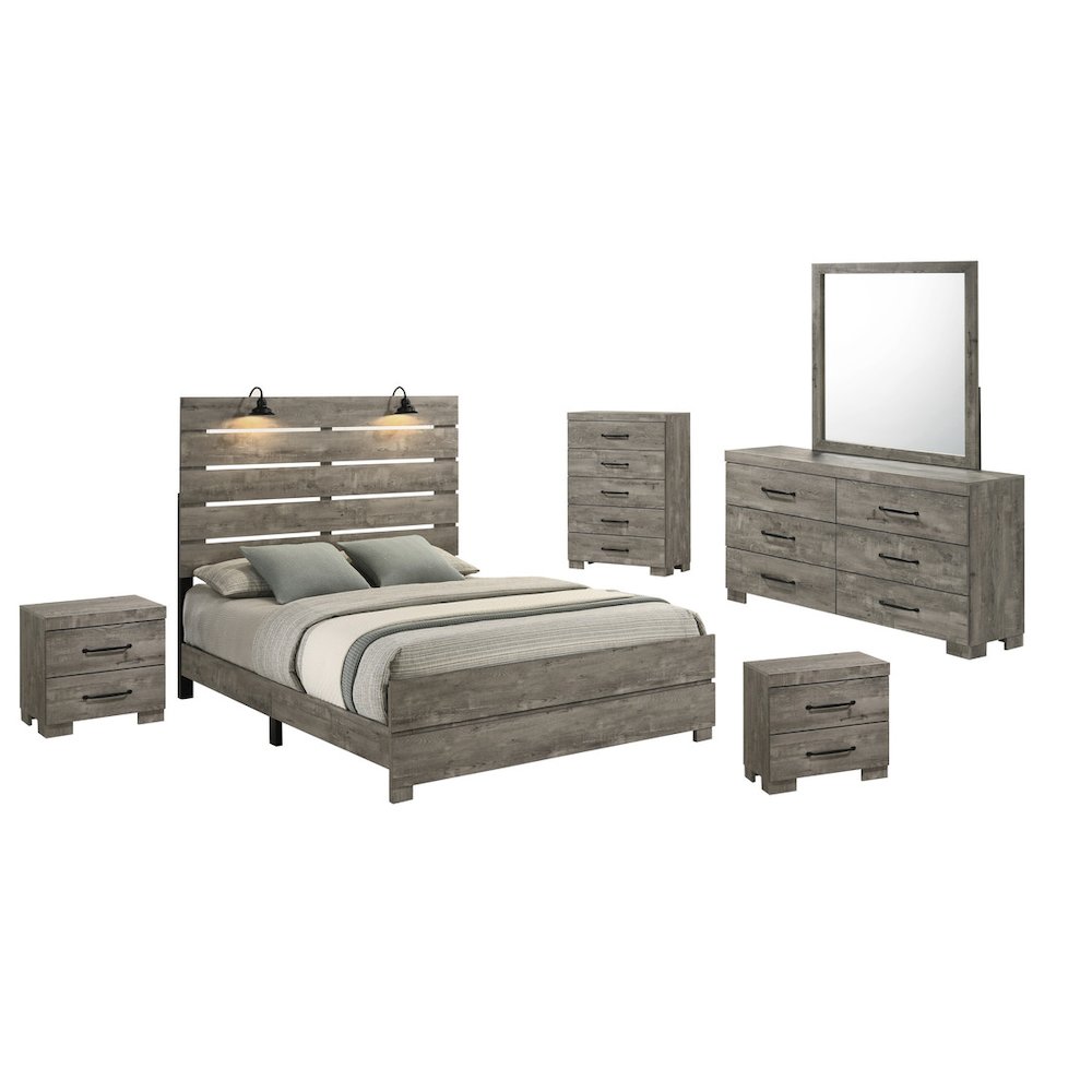 6Pc Modern Eastern King Size Panel Bedroom Set In Antique Gray Color