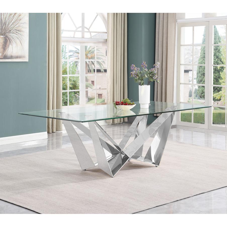 9pc Large(94″) glass top dining set with silver base and 8 Black side chairs