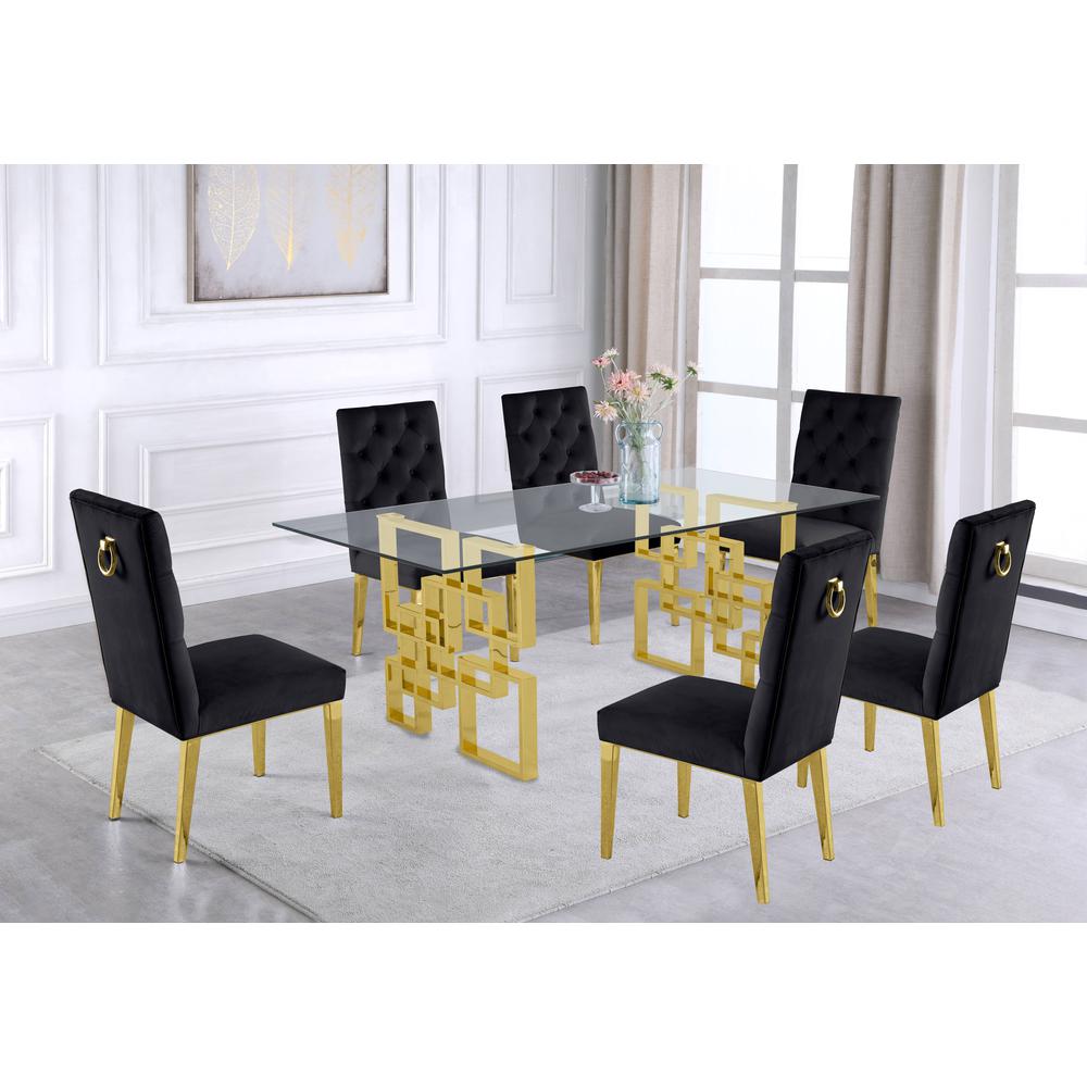 Gold Tempered Glass 7 Piece Dining Set Ring Chairs in Black Velvet