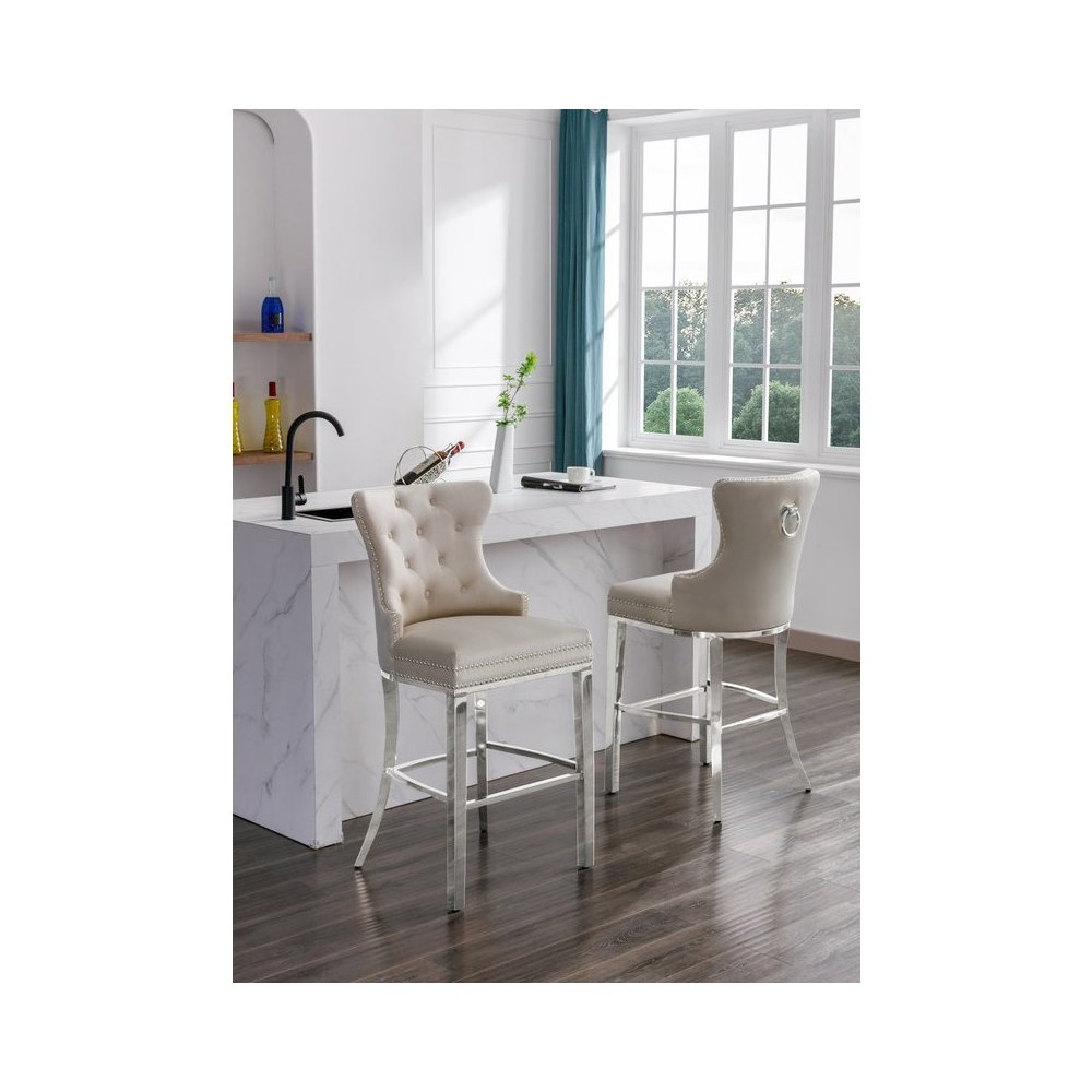 29″ Cream velvet bar stool with stainless steel base (SET OF 2)