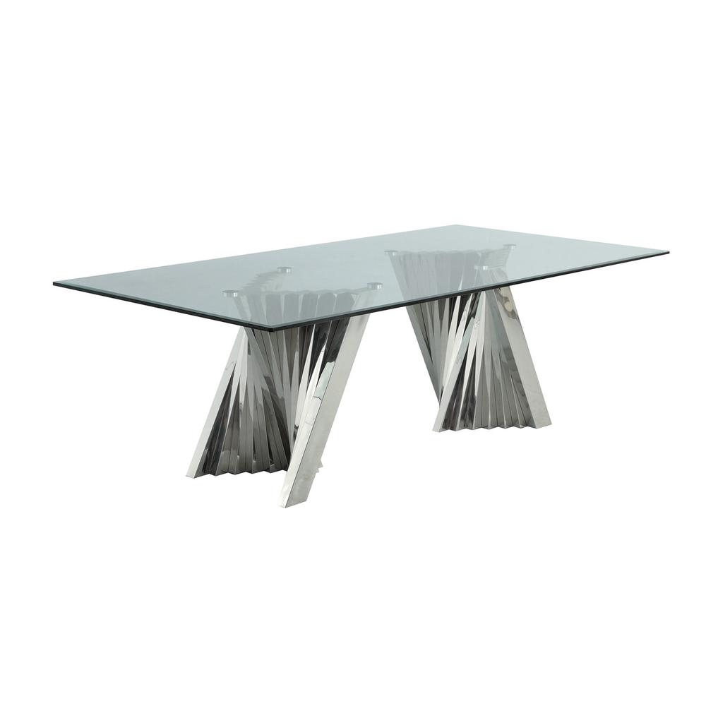 9pc dining set- Recatngle Glass table with silver color base and White faux leather chairs
