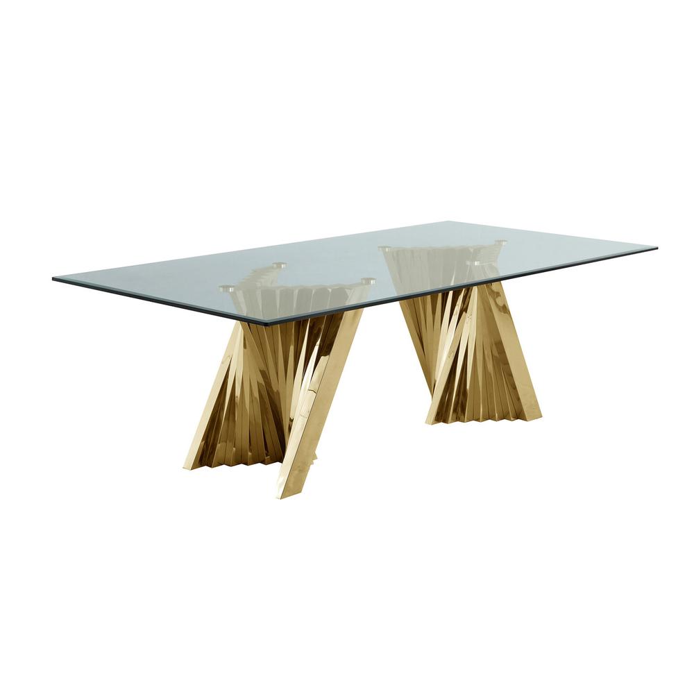 9pc dining set- Recatngle Glass table with gold color base and White faux leather chairs