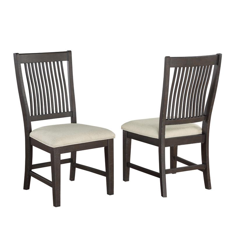 5 piece dining set in rustic brown with beige linen side chairs.
