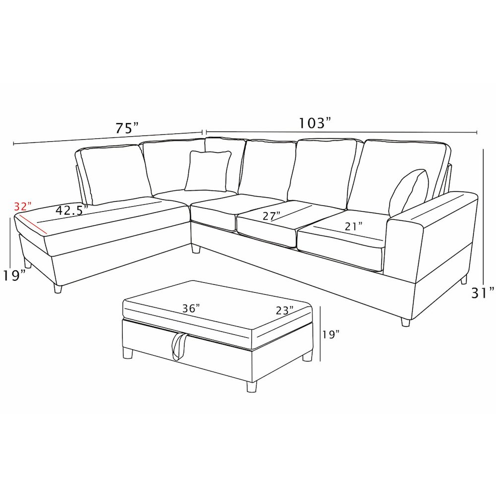 3Pc Corduroy Sectional In Beige