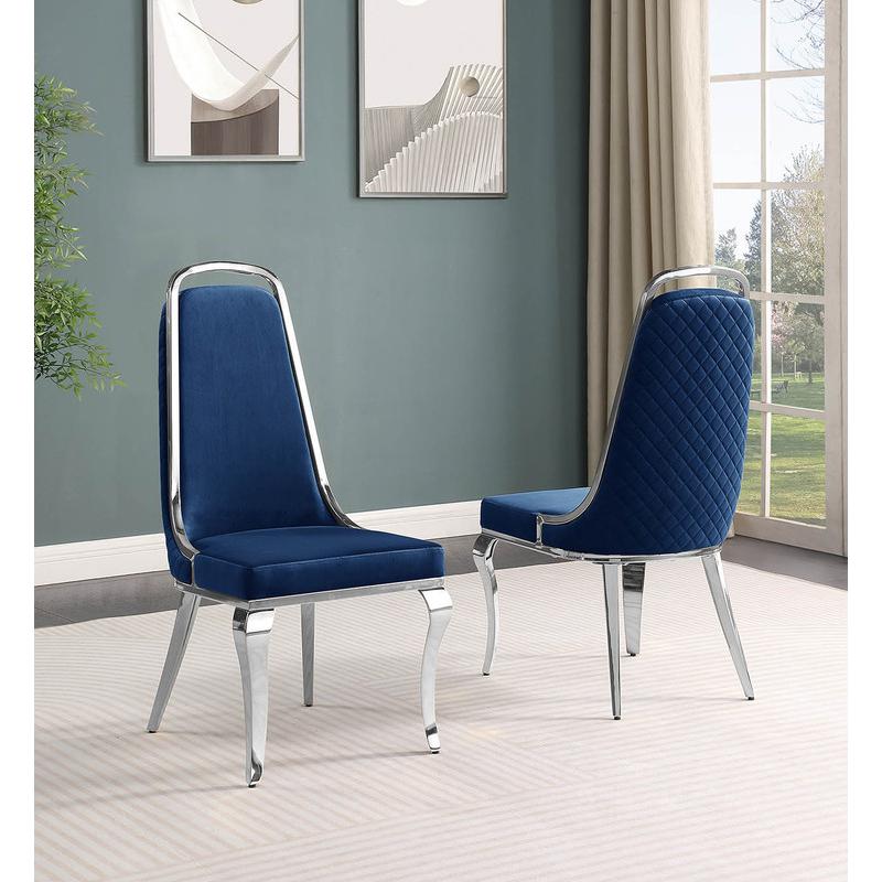 9pc Large(79″) marble top dining set with silver base and 8 Navy blue chairs