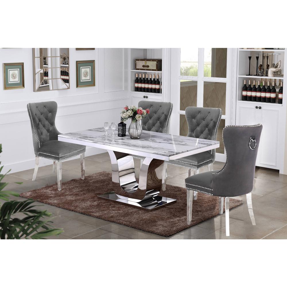 White Marble 5pc Set Tufted Wingback Chairs in Dark Grey Velvet