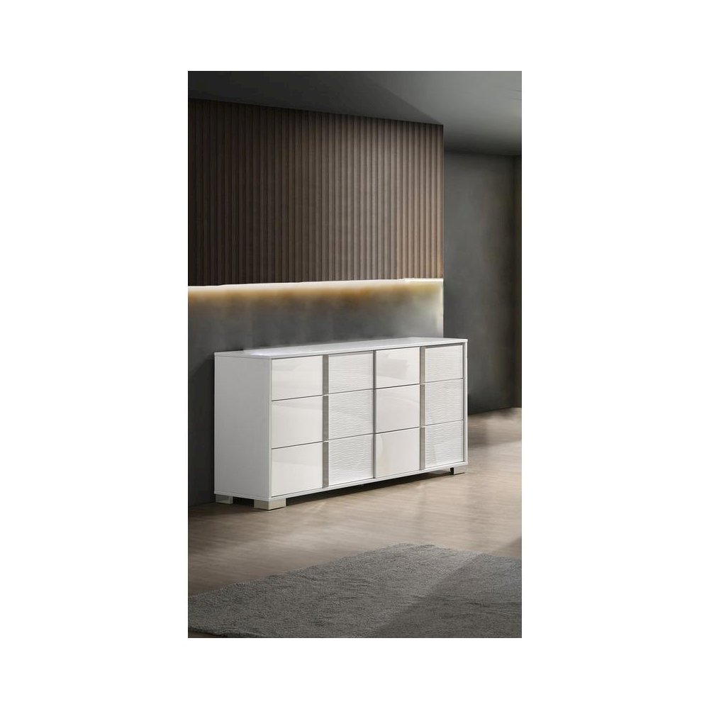 White dresser with 6 drawers and a blue LED light trim on the mirror