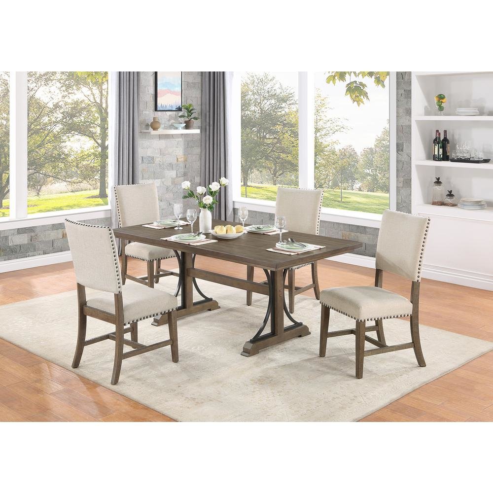 Upholstered dining chiar in brown oak and beige linen (SET OF 2)