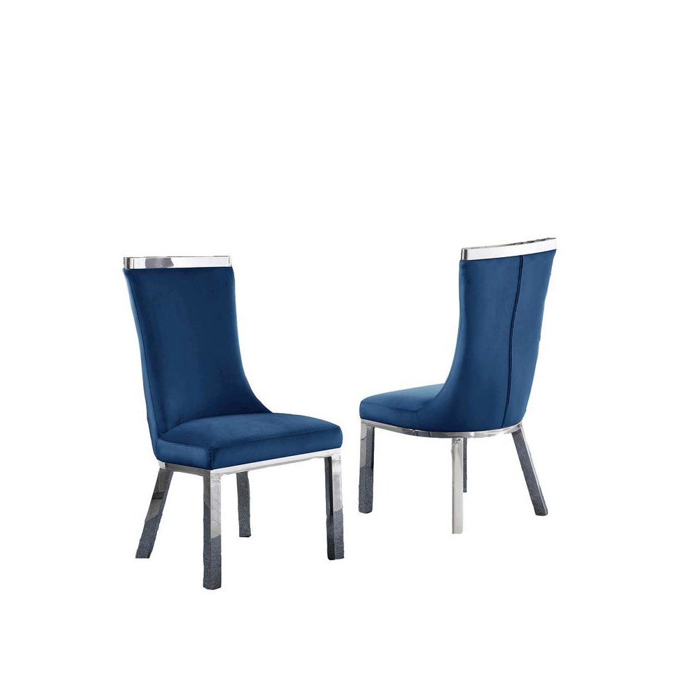 Upholstered dining chiars set of 2 in Navy blue velvet fabric with stainless steel base